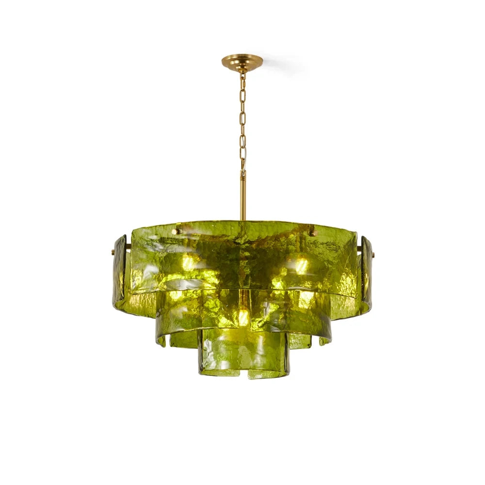 Modern Cascading Green Art Glass Tiered Chandelier with Brass Hardware on Pure White Background