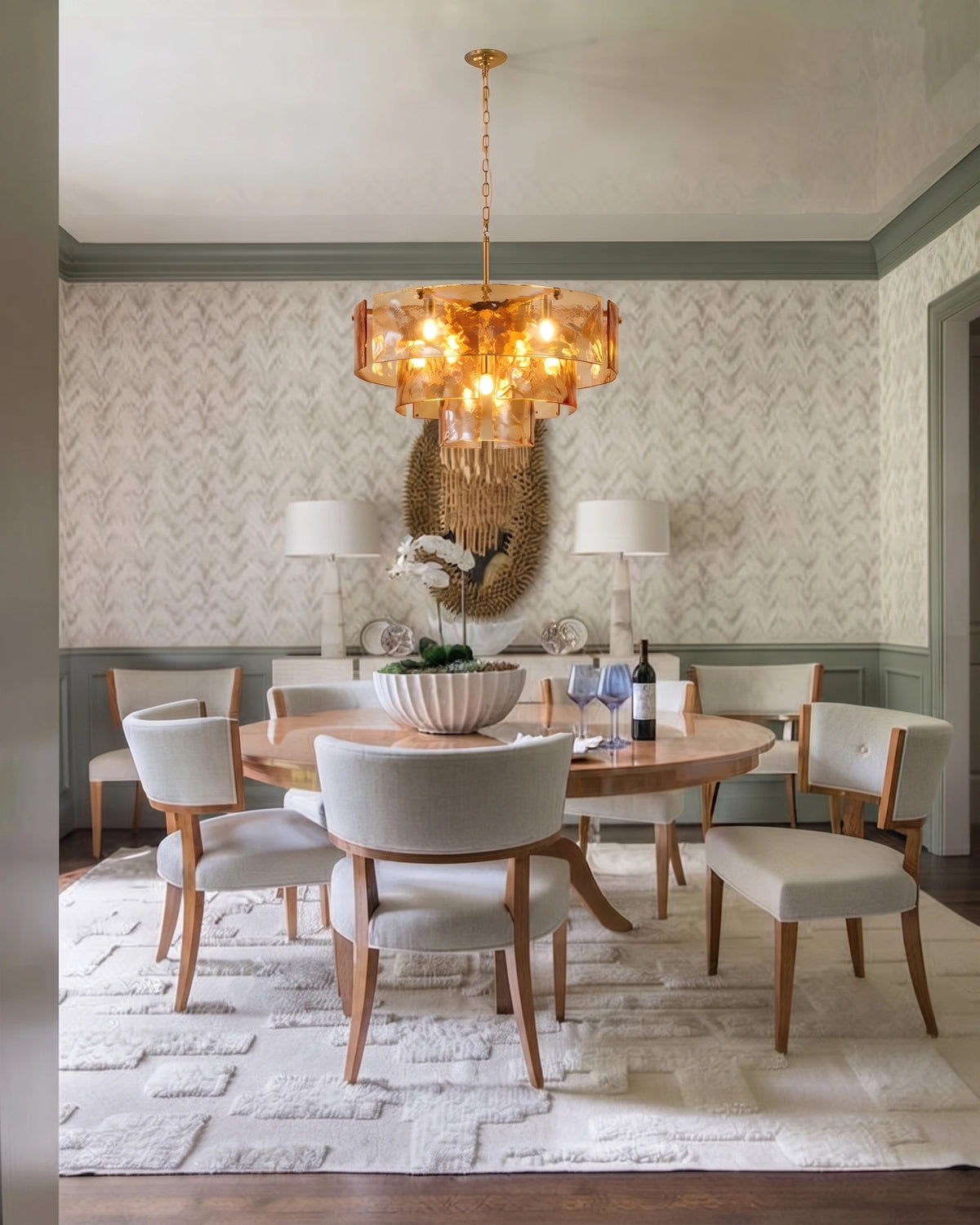 Modern Green Tiered Glass Chandelier Over Dining Room Table