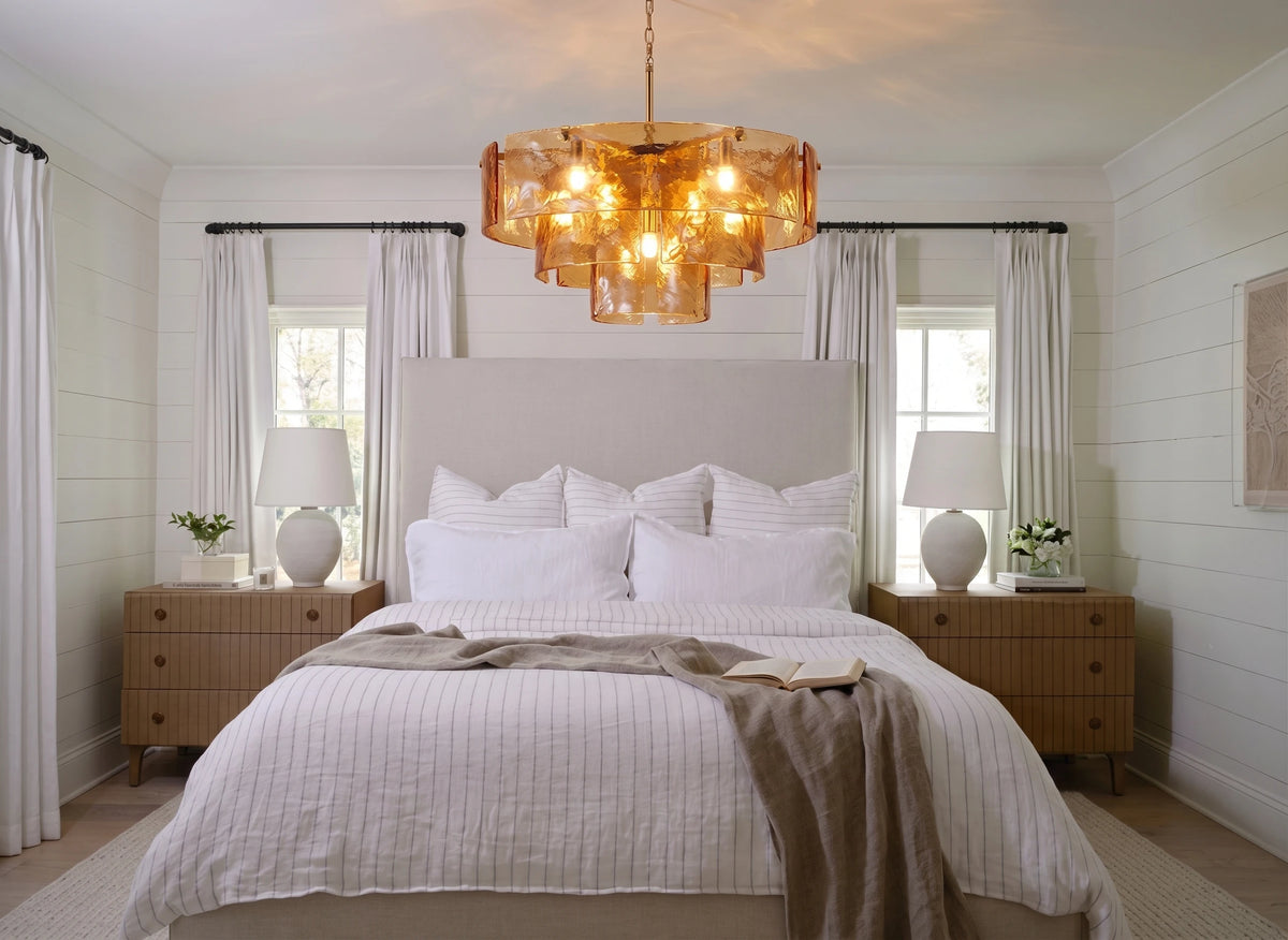 Modern Green Art Glass Chandelier in Master Bedroom Setting