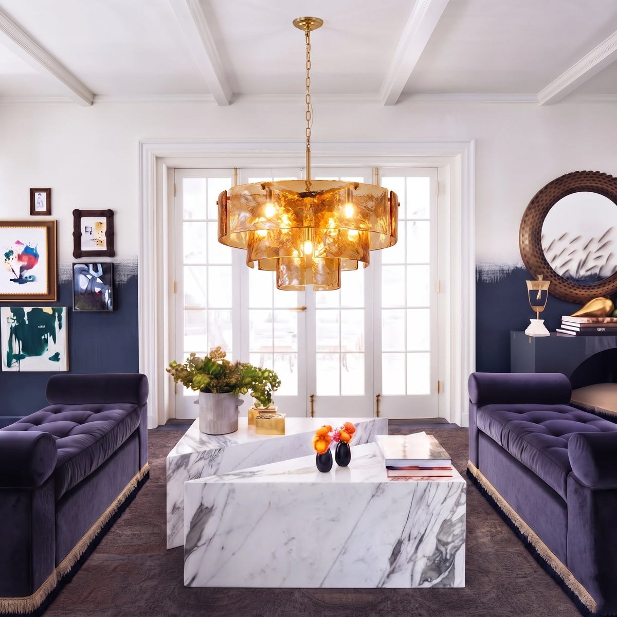 Modern Green Tiered Art Glass Chandelier in Contemporary Living Room