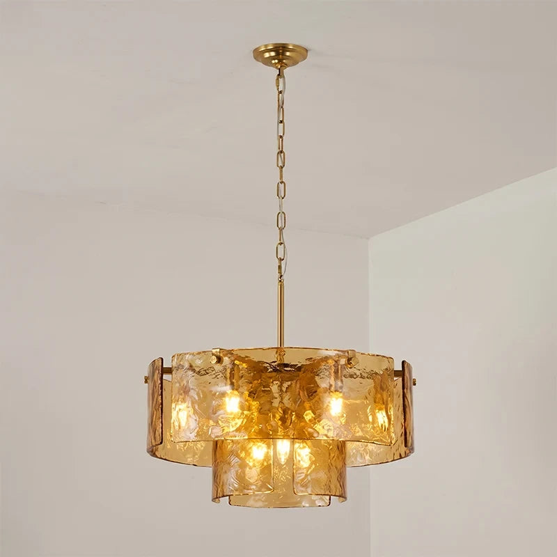 Illuminated Modern Amber Tiered Art Glass Chandelier Studio Shot