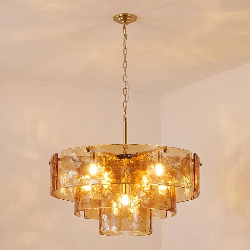 Illuminated Modern Amber Art Glass Chandelier Studio Display