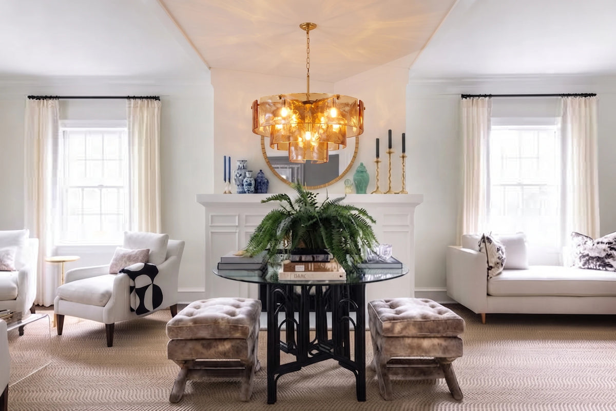 Modern Green Art Glass Chandelier Over Fireplace Setting
