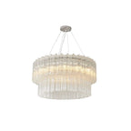 Modern Cascading Tiered Cylindrical Faceted Glass Flush Mount Ceiling Light with Nickel Finish on Pure White Background