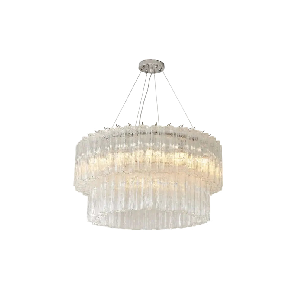 Modern Cascading Tiered Cylindrical Faceted Glass Flush Mount Ceiling Light with Nickel Finish on Pure White Background
