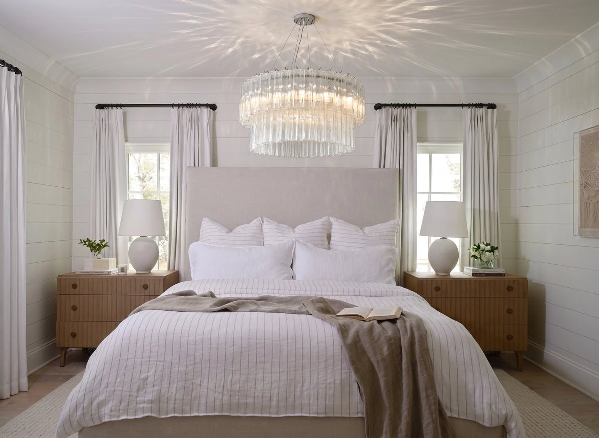 Modern Cascading Glass Chandelier in Master Bedroom Setting