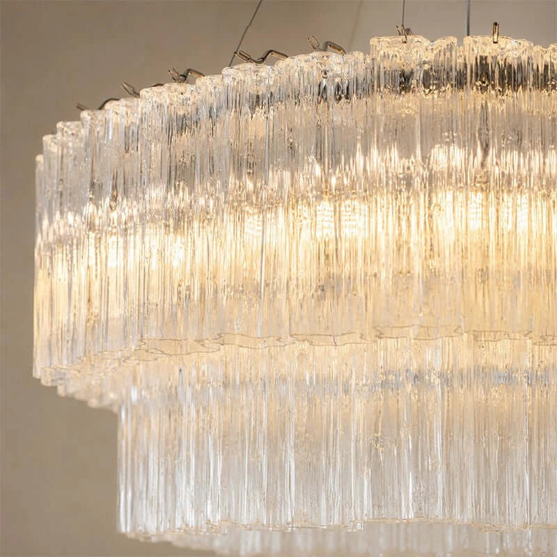 Illuminated Modern Cascading Tiered Cylindrical Faceted Glass Flush Mount Studio Shot