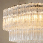 Illuminated Modern Cascading Tiered Cylindrical Faceted Glass Flush Mount Studio Shot