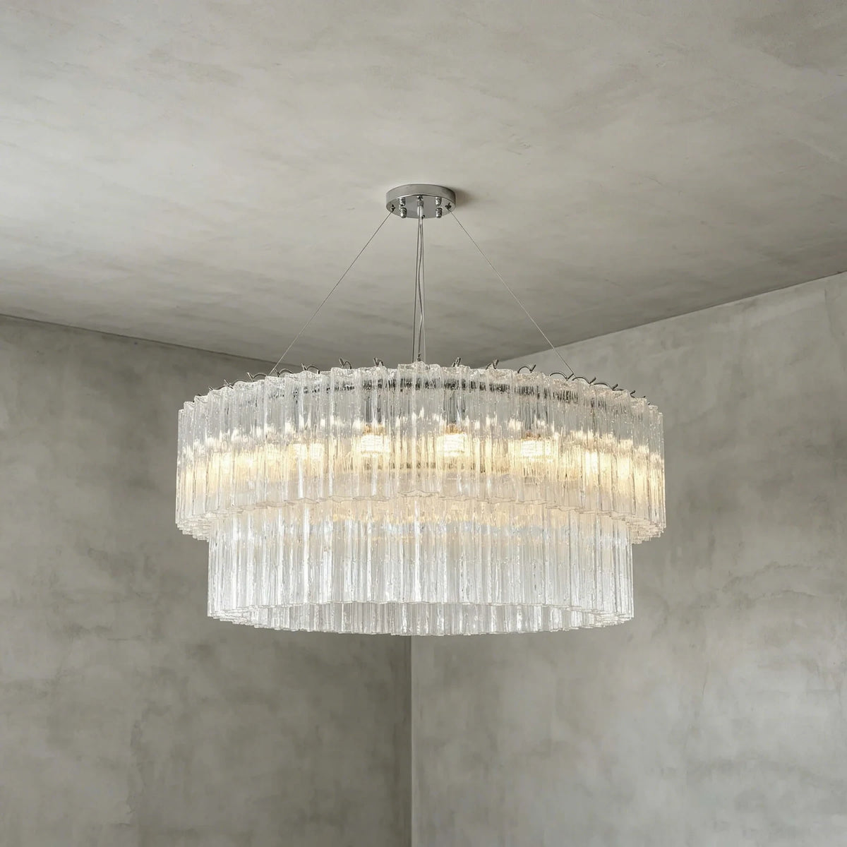 Front View of Illuminated Modern Tiered Cylindrical Glass Flush Mount Ceiling Light