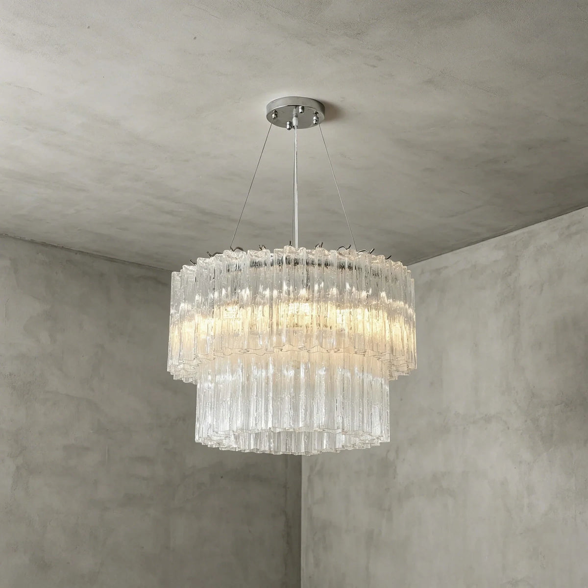 Angled View of Illuminated Modern Tiered Faceted Glass Ceiling Light