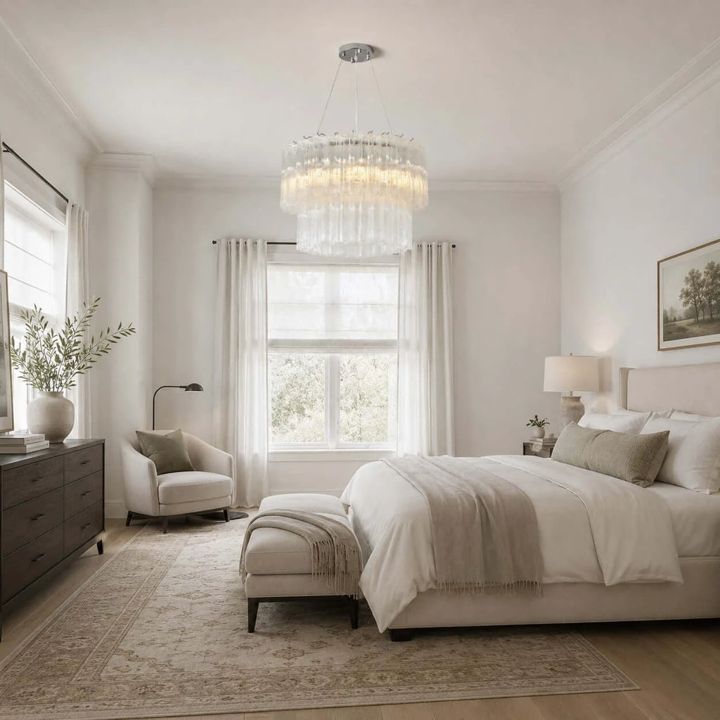 Modern Tiered Faceted Glass Chandelier in Luxury Master Suite