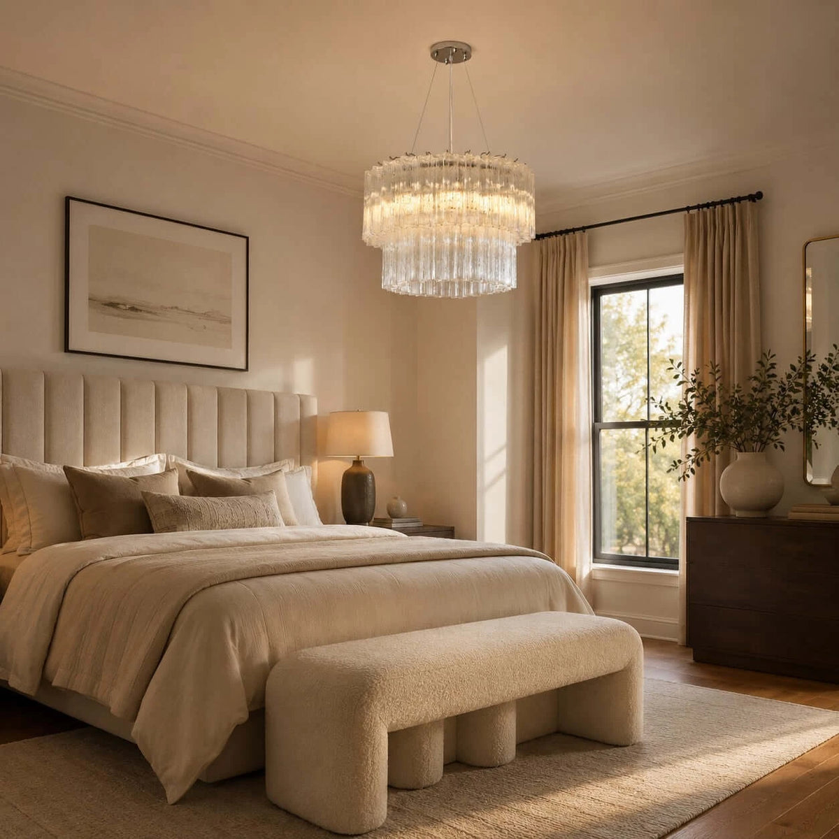 Modern Cascading Faceted Glass Ceiling Light in Contemporary Bedroom