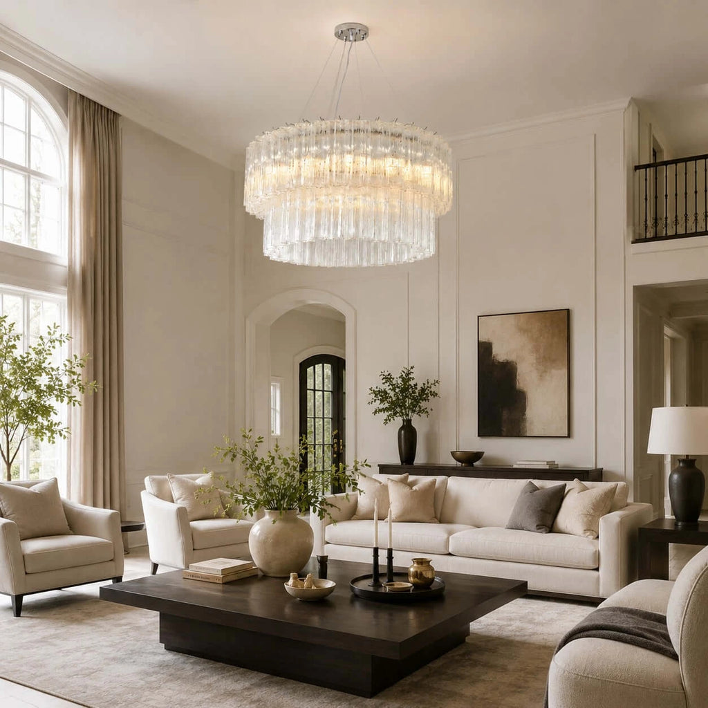 Modern Tiered Cylindrical Glass Chandelier in Bright Living Room
