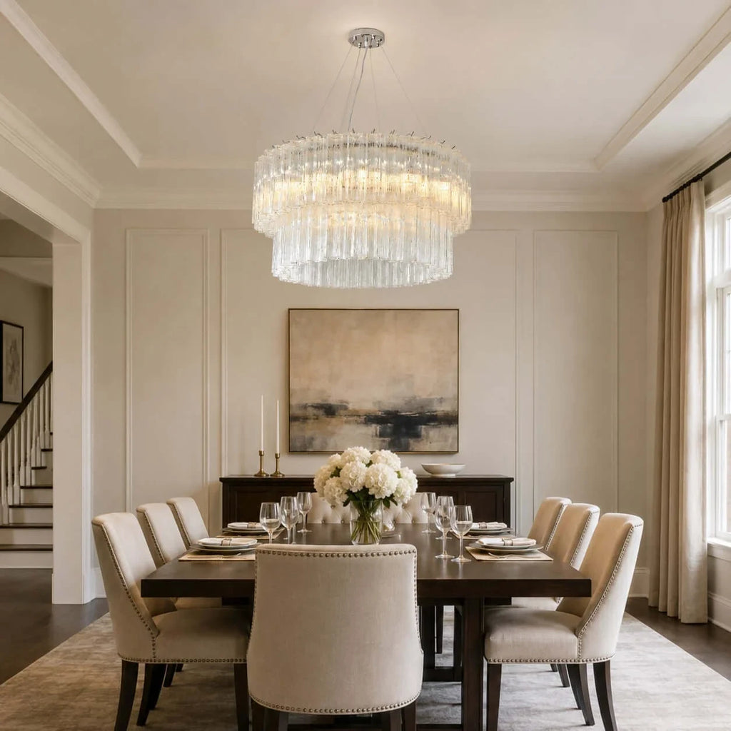 Modern Cascading Faceted Glass Chandelier Over Dining Room Table