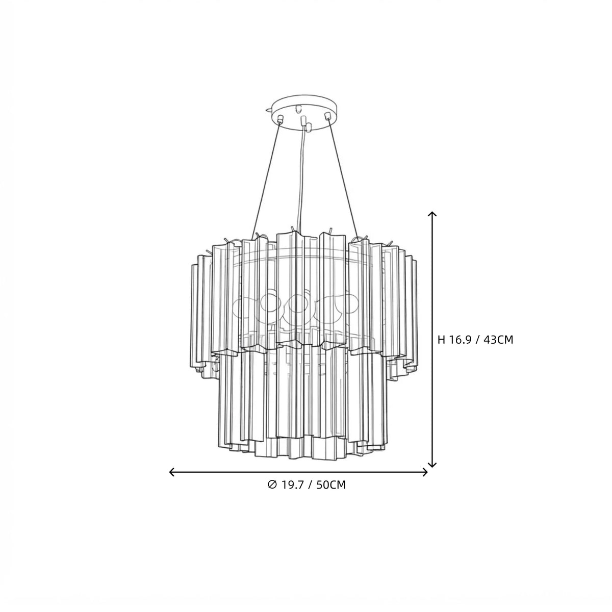 Modern Cascading Tiered Cylindrical Faceted Glass Ceiling Light Style A Line Art Dimension Diagram
