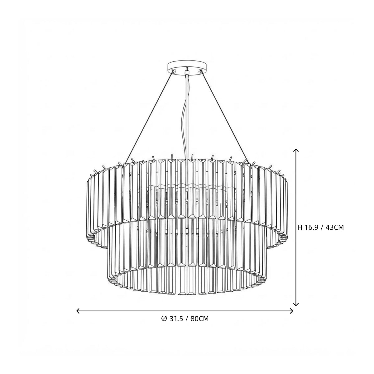 Modern Cascading Tiered Cylindrical Faceted Glass Ceiling Light Style C Line Art Dimension Diagram