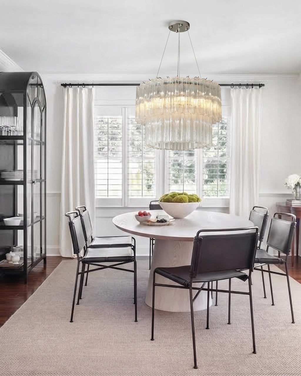 Modern Tiered Faceted Glass Ceiling Light Over Round Dining Table