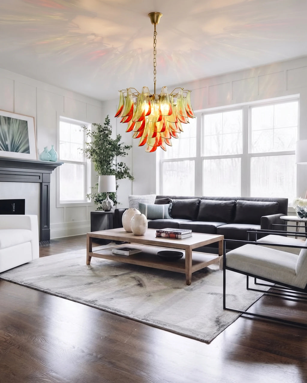 Modern Cascading Art Glass Chandelier in Living Room Interior