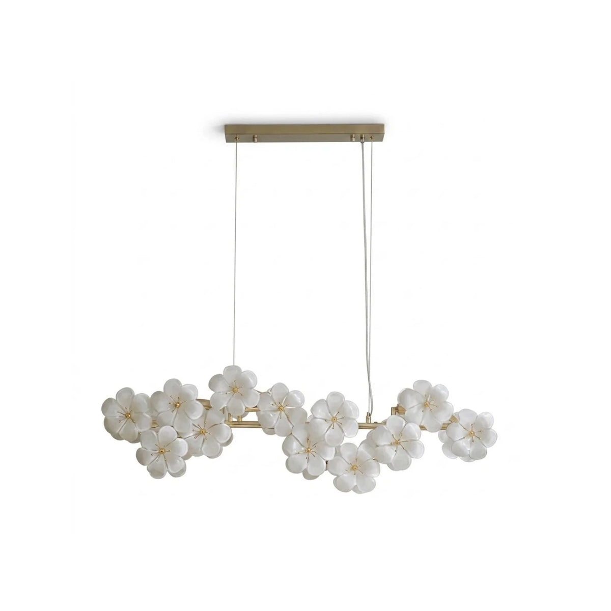 Modern White Floral Petal Art Glass Linear Grand Chandelier with Brass Canopy on Pure White Background
