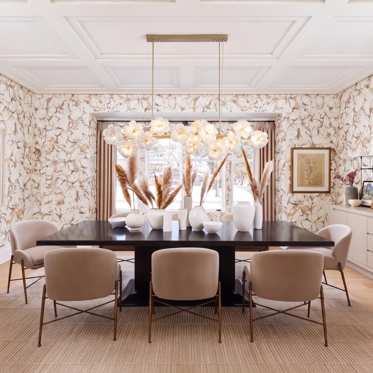 Contemporary Floral Petal Linear Chandelier Over Dining Room Table