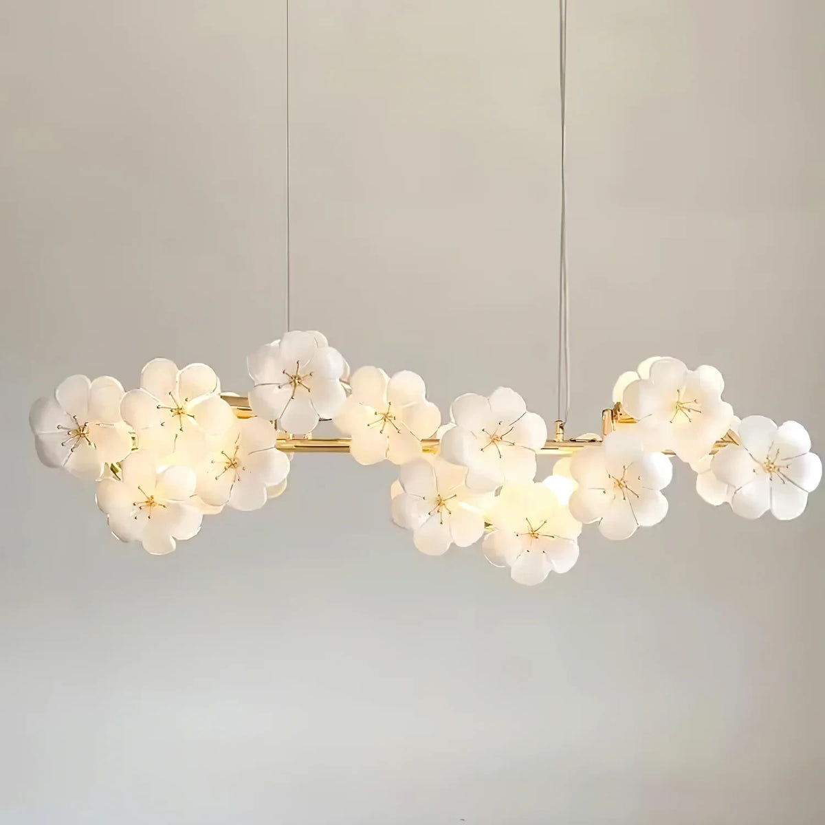 Illuminated Modern White Floral Petal Linear Grand Chandelier Studio Display