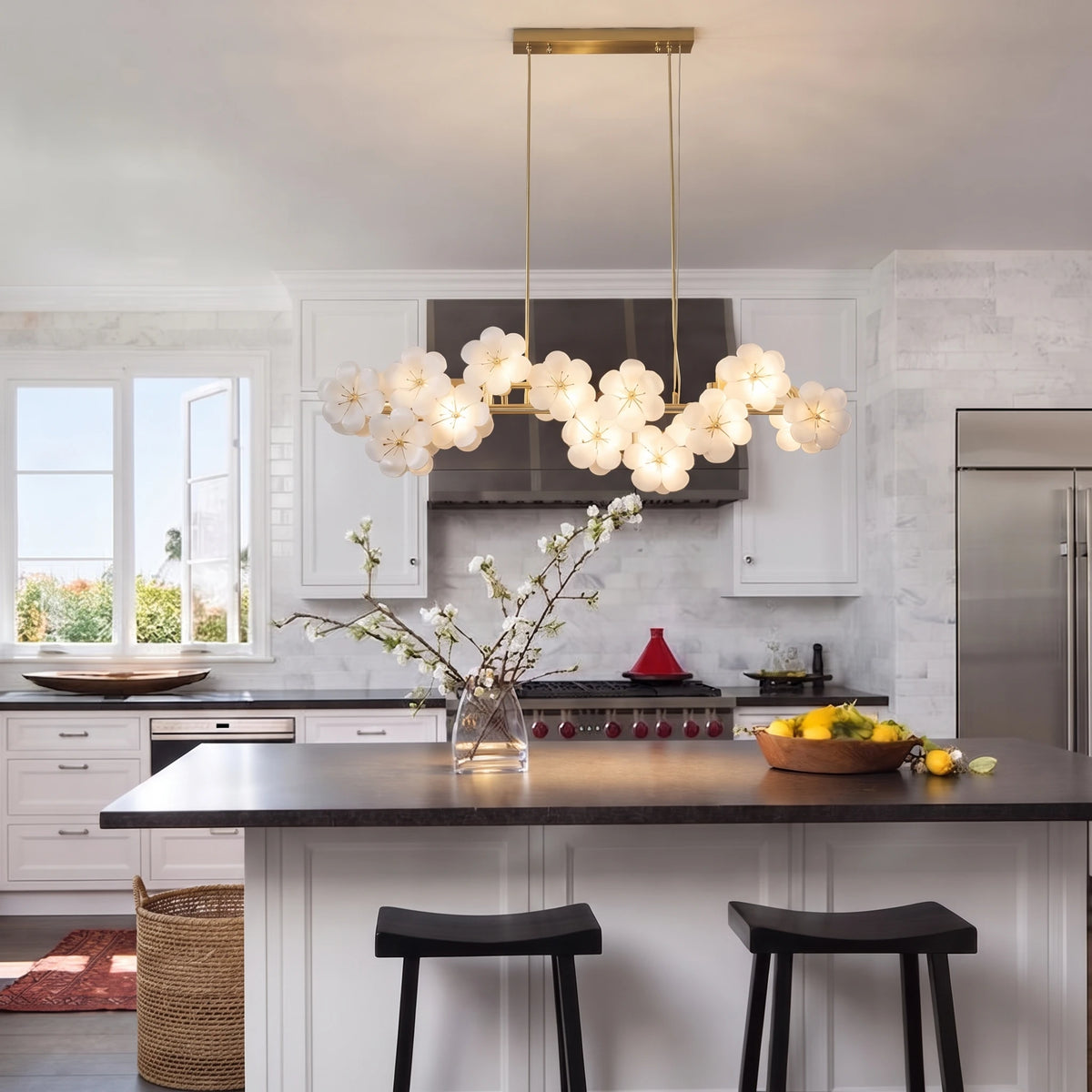 Modern White Floral Petal Linear Chandelier Over Kitchen Island
