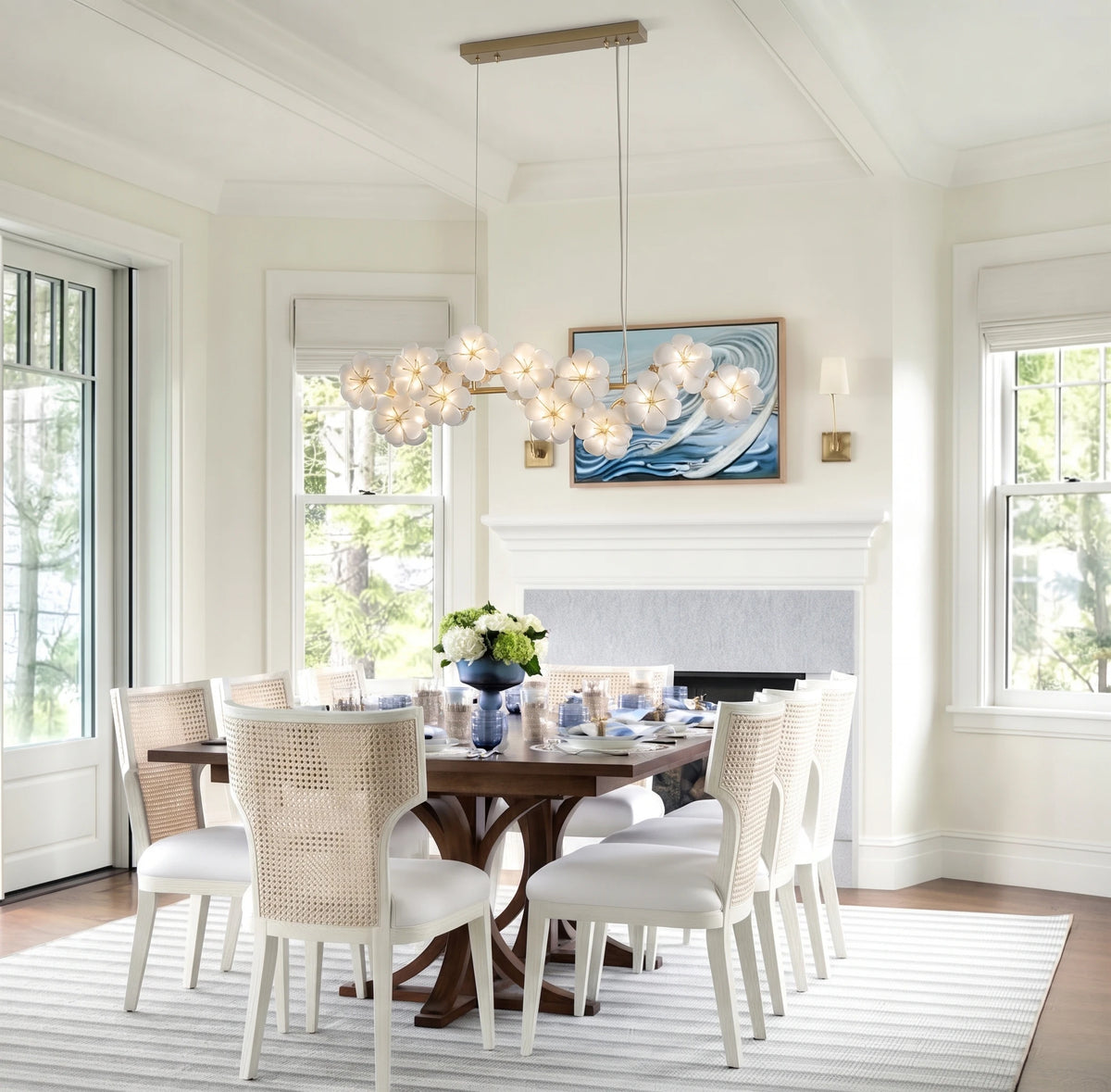 Modern White Floral Petal Grand Chandelier Over Dining Table
