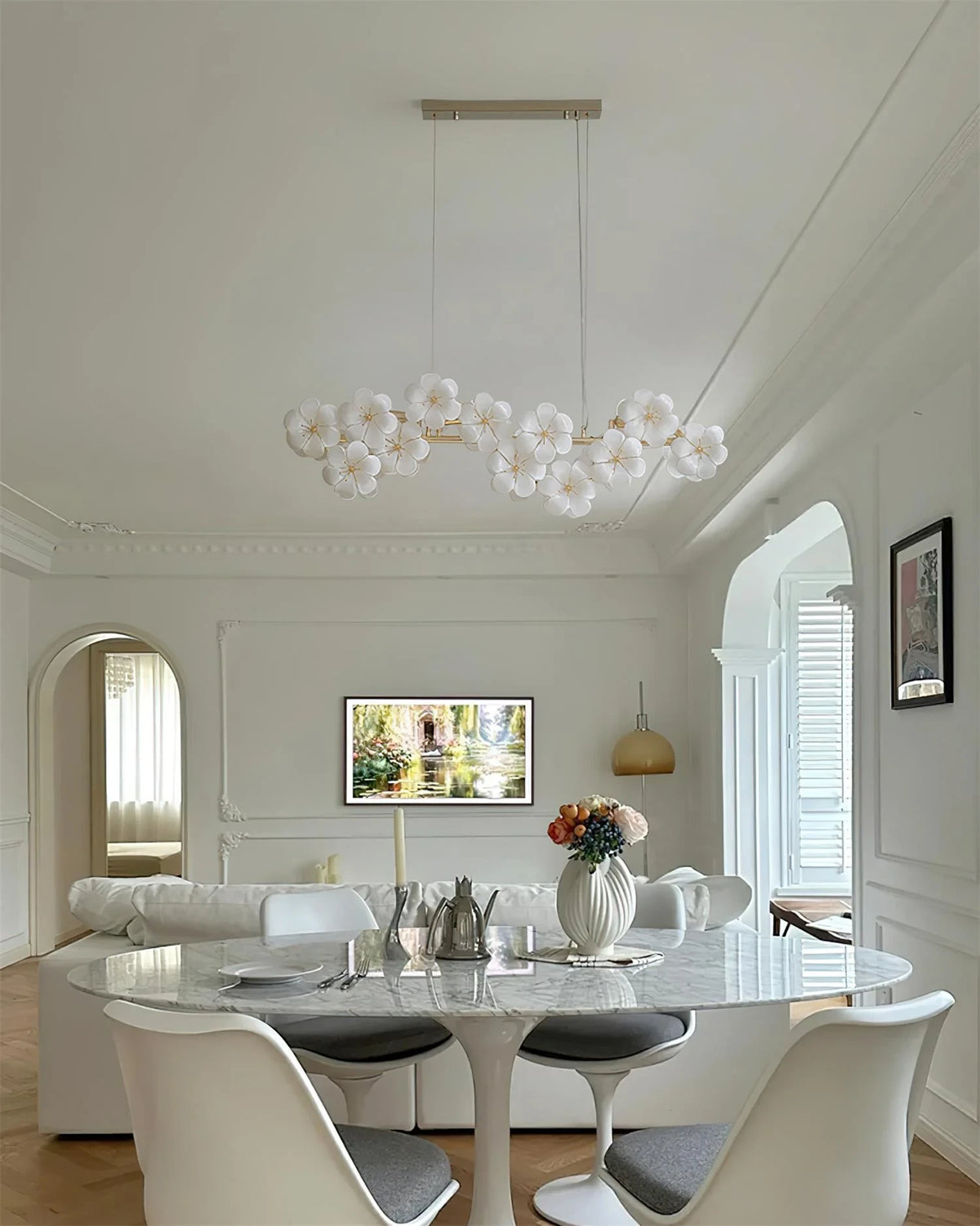 Modern White Floral Petal Grand Chandelier Over Dining Table