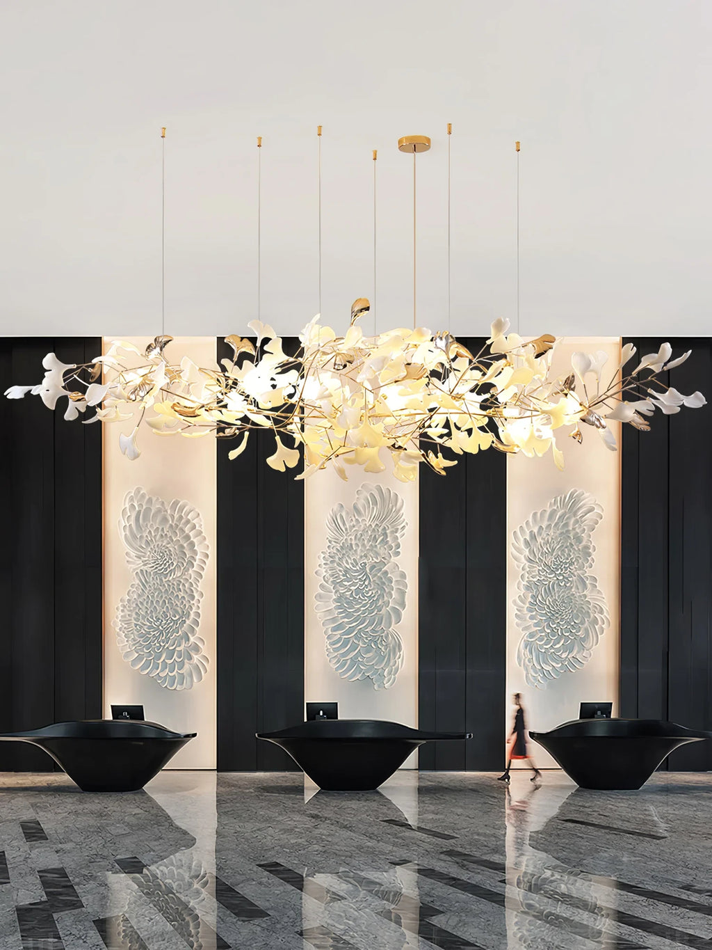Modern Amber Ginkgo Leaf Grand Chandelier in Commercial Reception