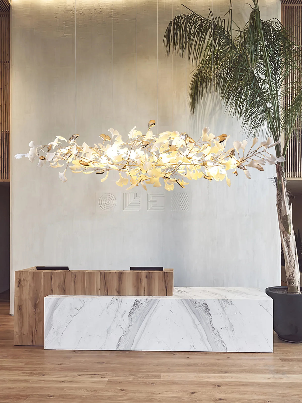 Contemporary Amber Ginkgo Leaf Chandelier in Office Lobby