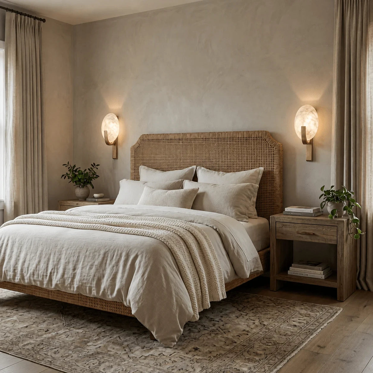 Modern Oval Alabaster Wall Sconces in Bedroom Setting