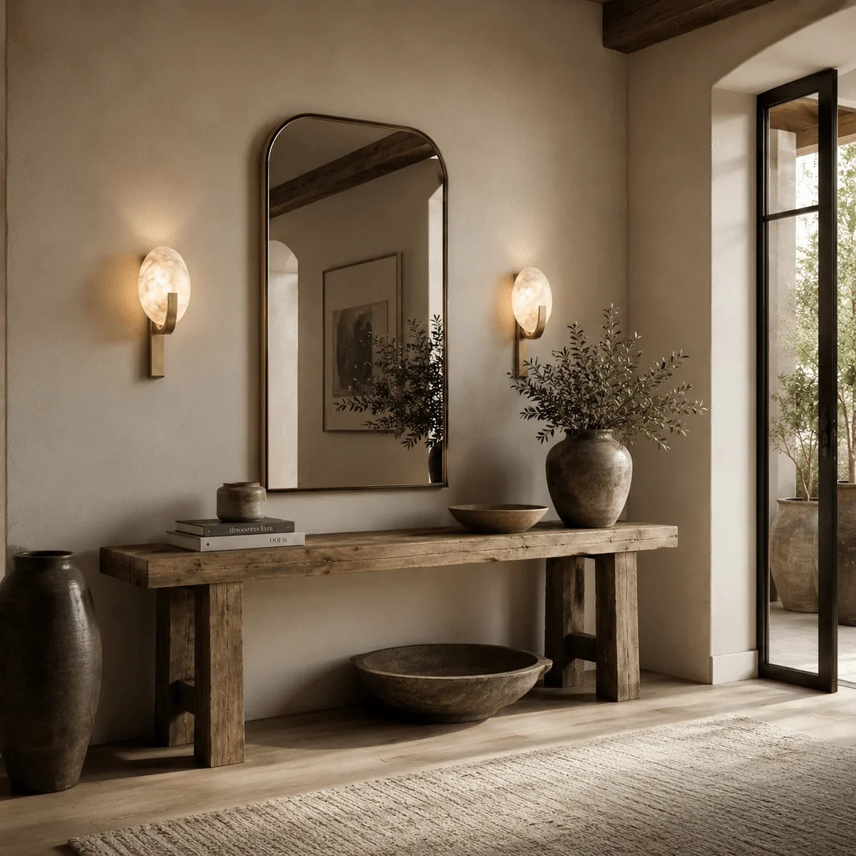 Modern Art Glass Wall Sconces Over Entryway Console Table