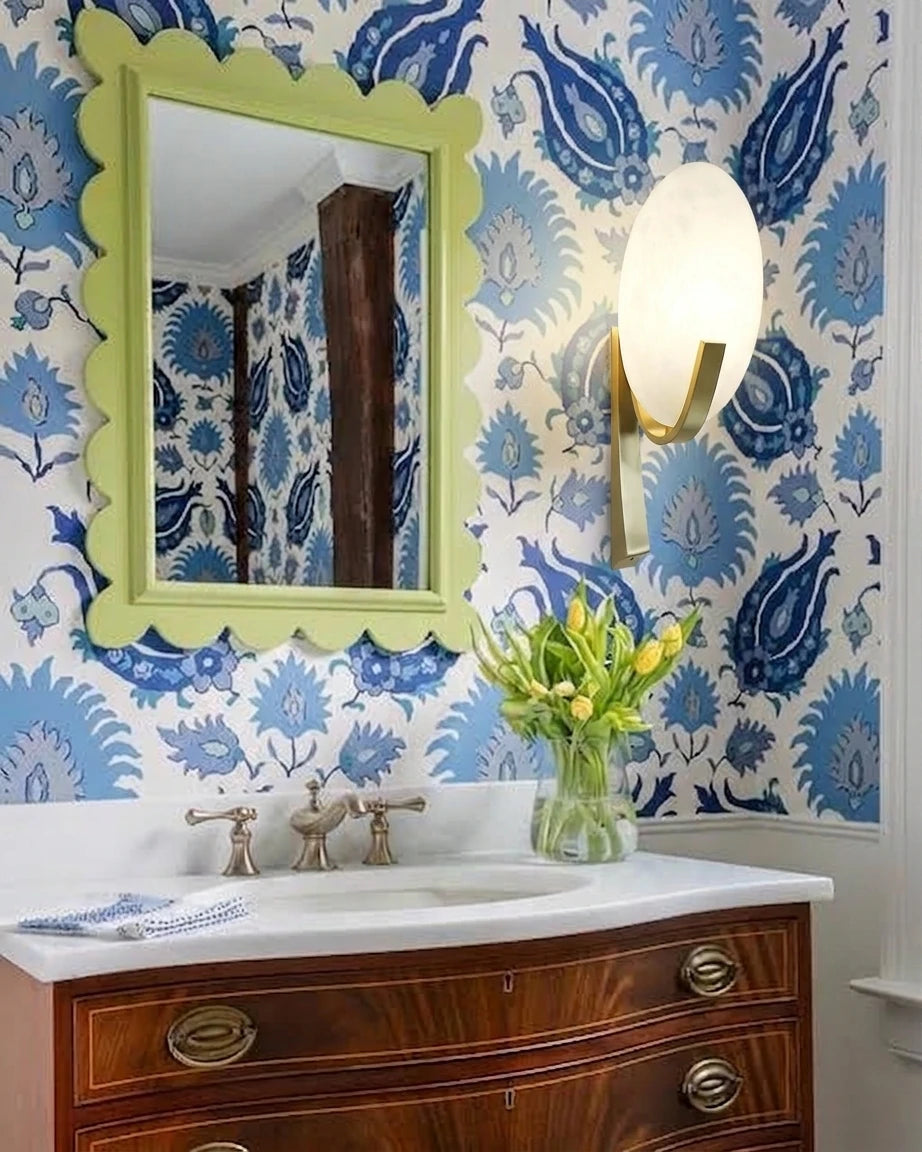 Modern Oval Alabaster Wall Sconce in Bathroom Interior