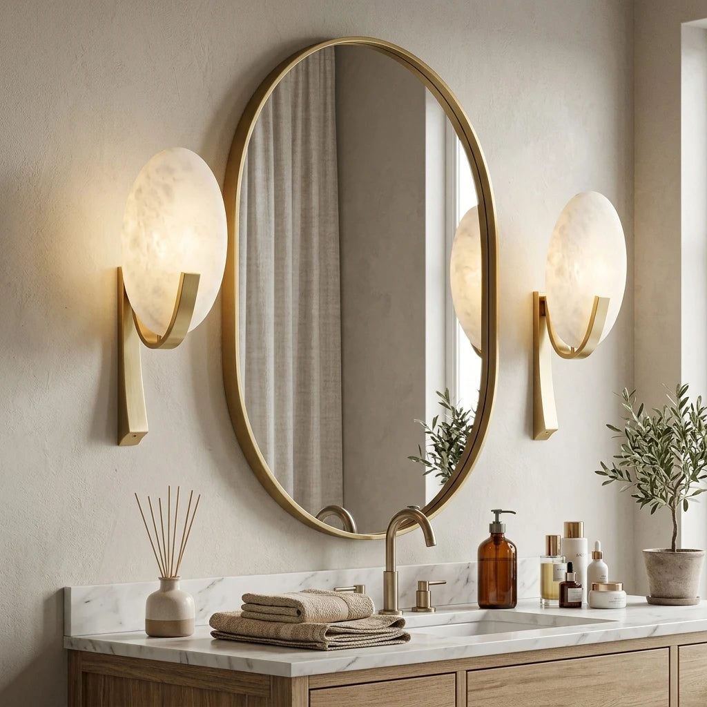 Modern Alabaster Wall Sconces Over Bathroom Vanity