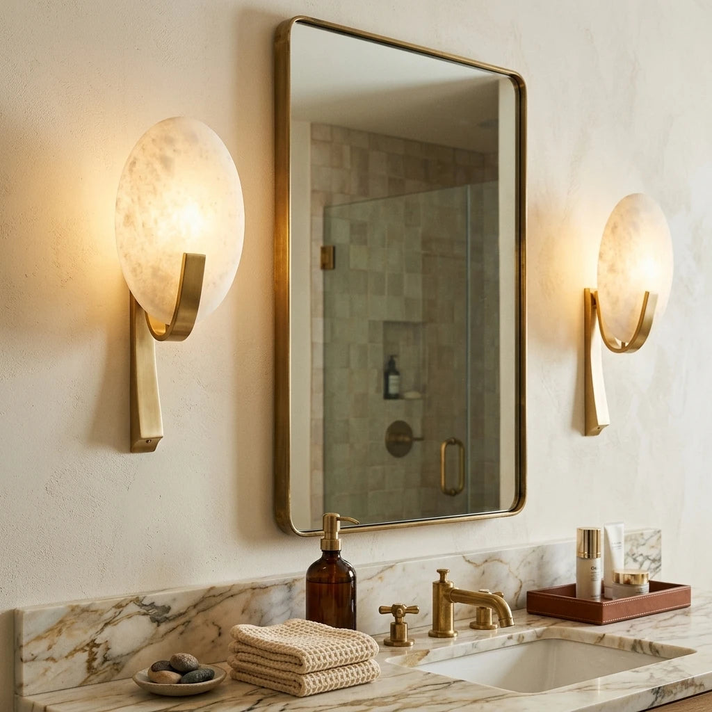 Modern Oval Alabaster Wall Sconce Over Bathroom Mirror