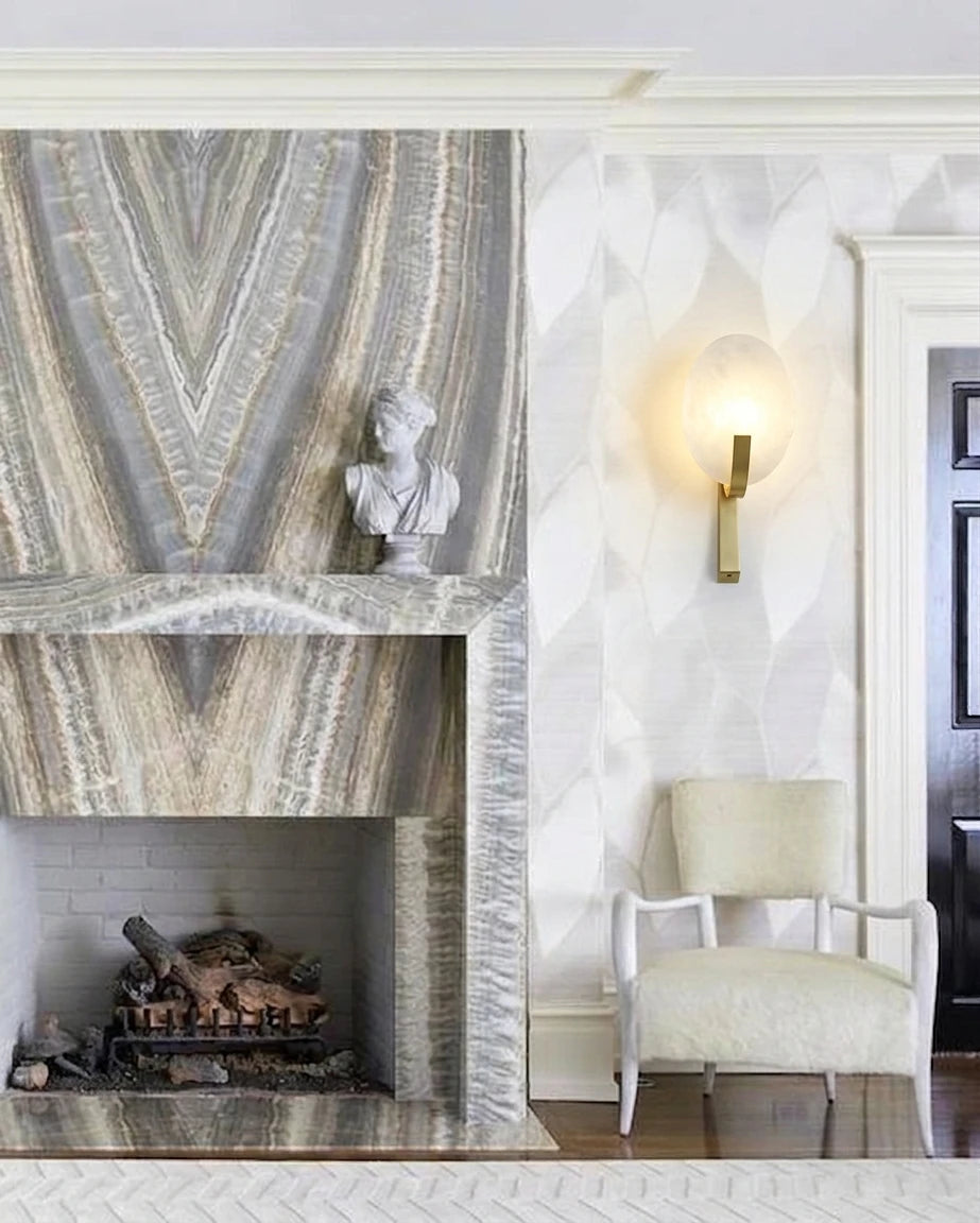 Modern Art Glass Wall Sconce Over Fireplace Setting