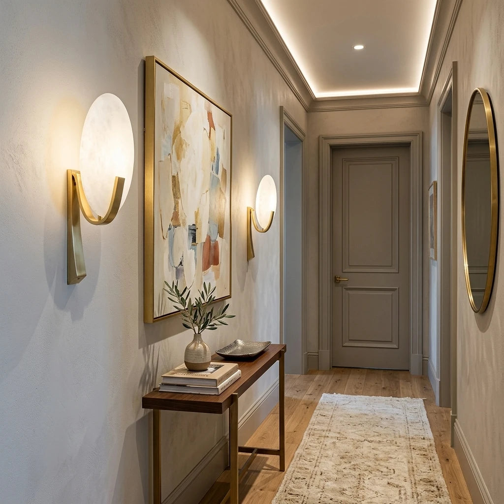 Modern Oval Alabaster Wall Sconces Along Hallway Corridor
