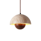 Modern Travertine Wooden Hemisphere Pendant Light on Pure White Background
