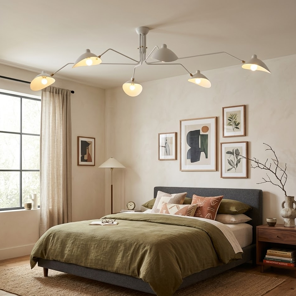 Serge Mouille six-arm white ceiling lamp lifestyle photo in bright bedroom space