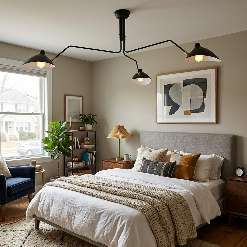 Black Serge Mouille 3 arm ceiling light installed in modern transitional bedroom interior with warm decor