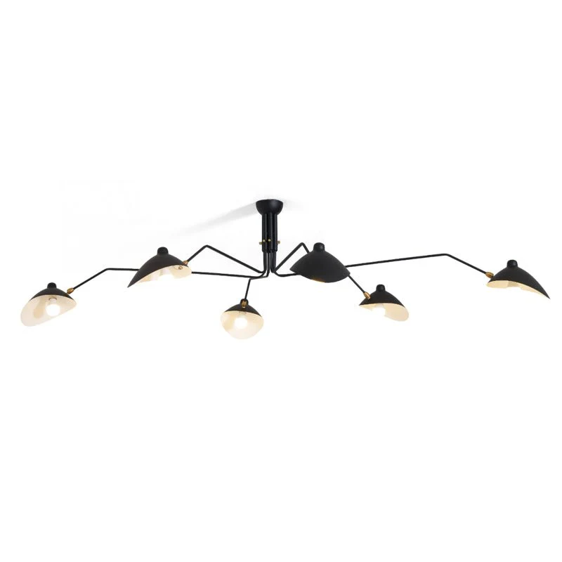 Black 6 Arm Serge Mouille Ceiling Lamp, Adjustable Arms, White Interior Shades, Product Image Isolated White Background