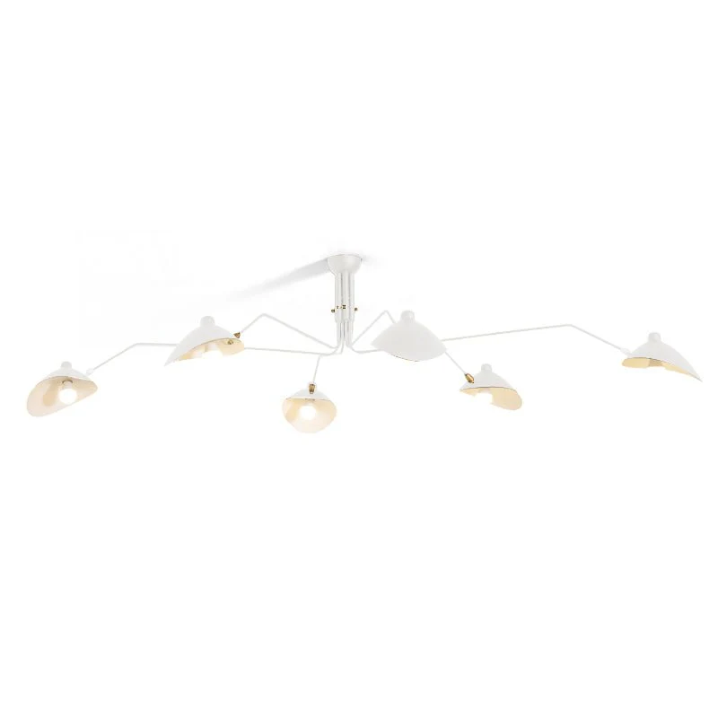 White 6 Arm Serge Mouille Ceiling Light with illuminated bulbs, gold inner lampshades, isolated product photo white background