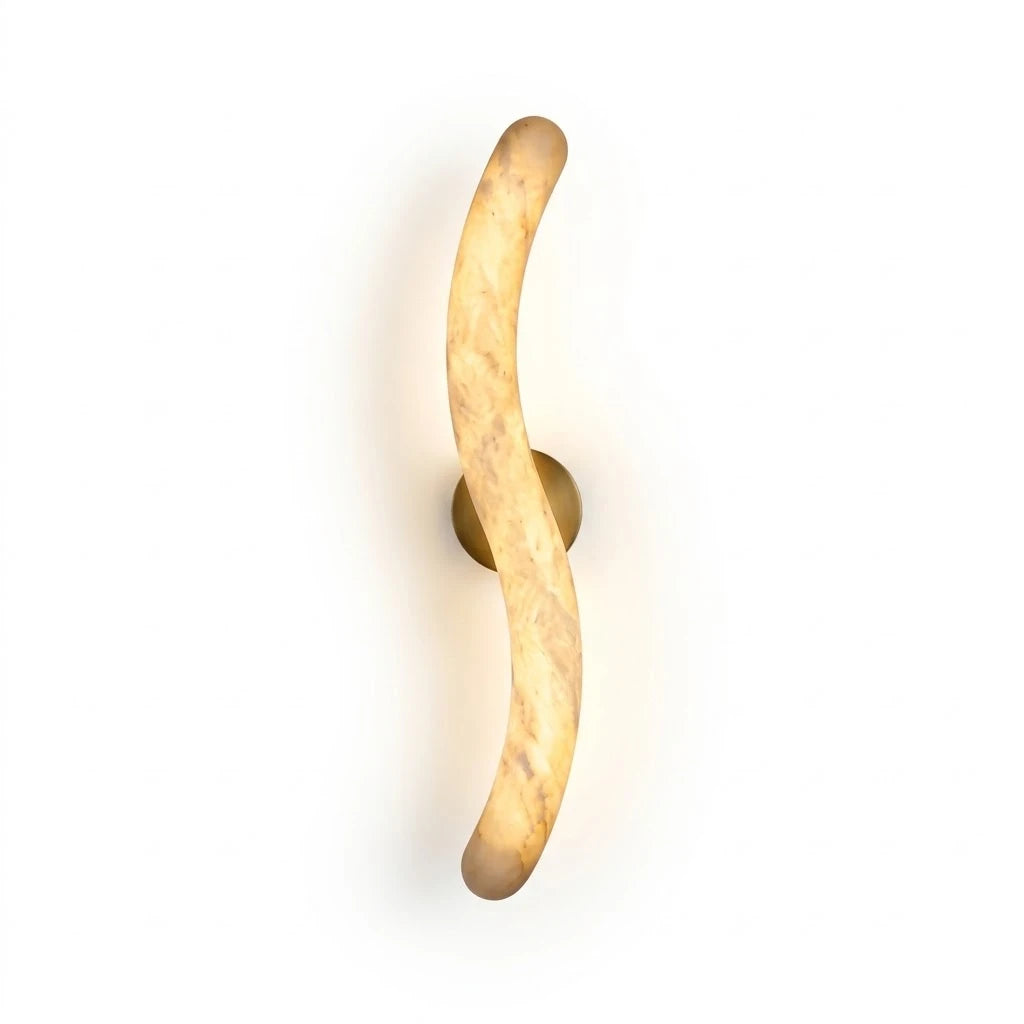 Modern S-Curved Alabaster Art Glass Wall Sconce with Brass Hardware on Pure White Background