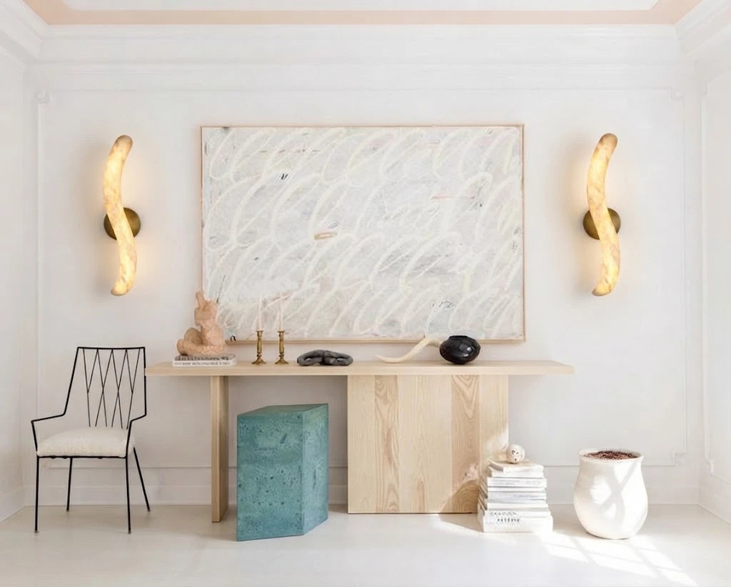 Modern S-Curved Alabaster Wall Sconces in Entryway Setting