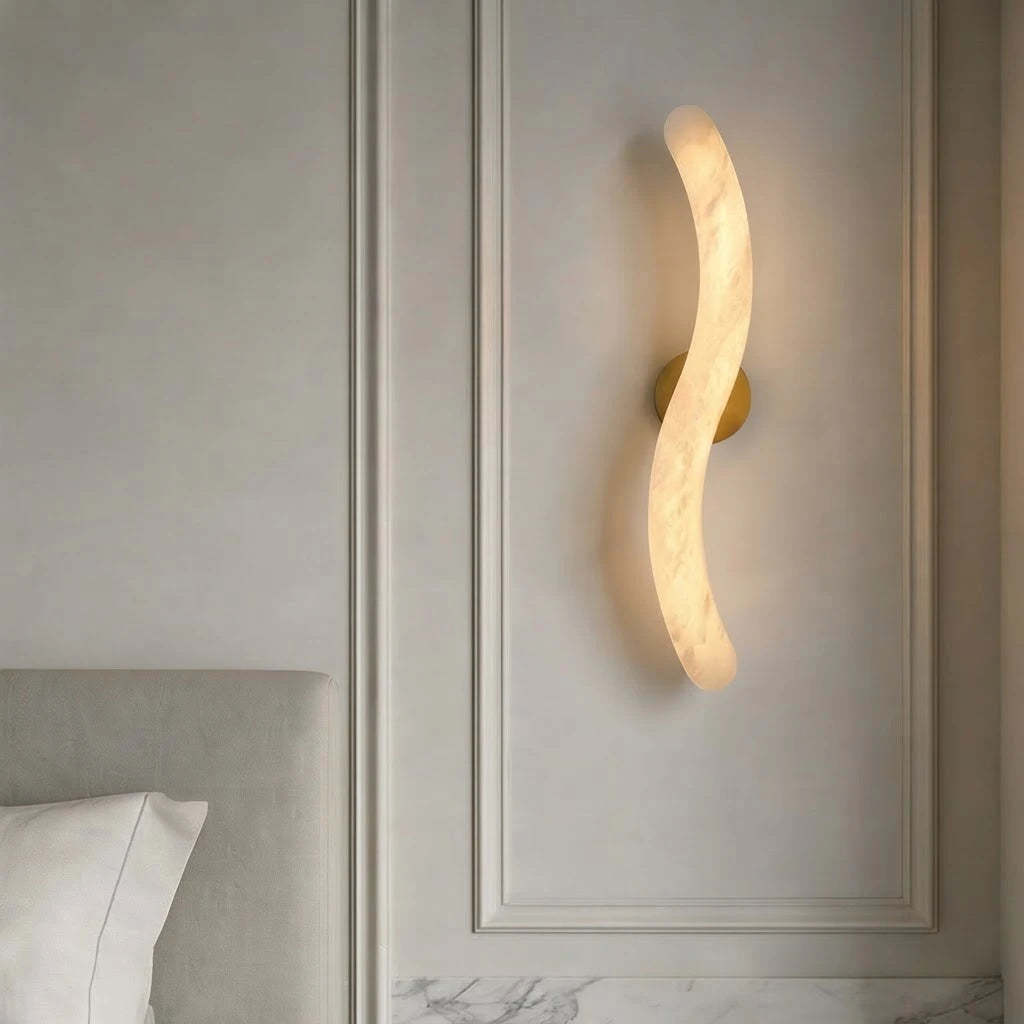 Modern S-Curved Alabaster Wall Sconce on Paneled Wall