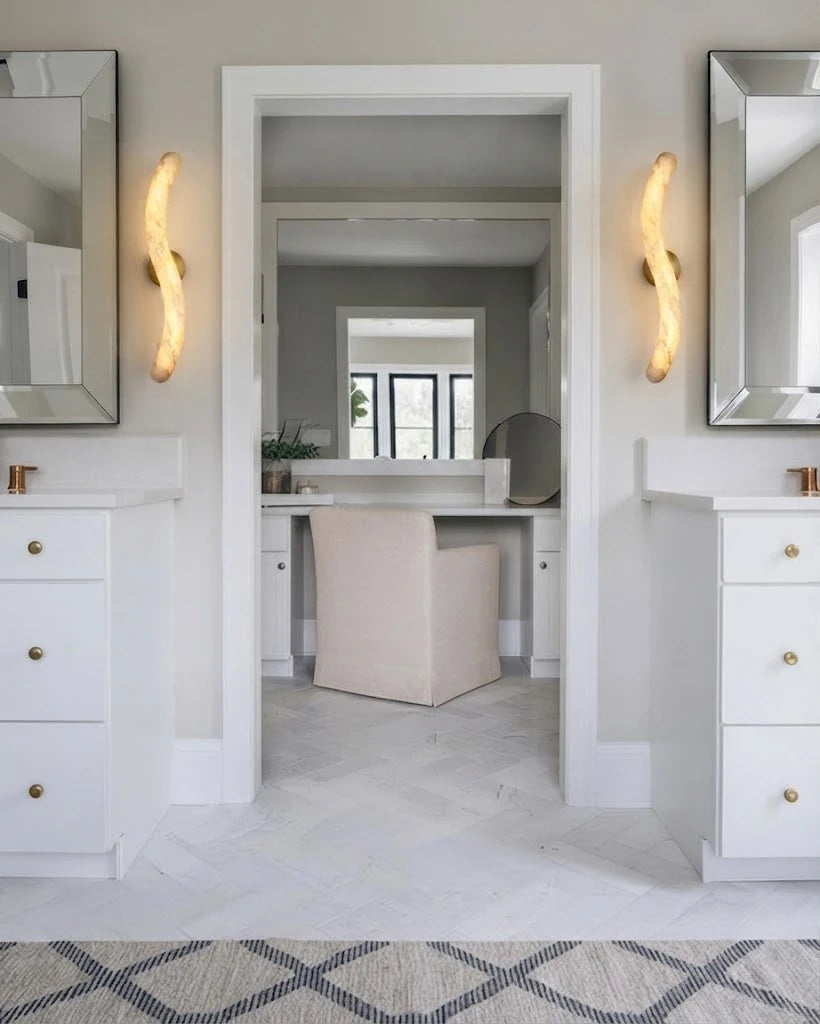 Modern S-Curved Alabaster Wall Sconces Along Hallway Foyer
