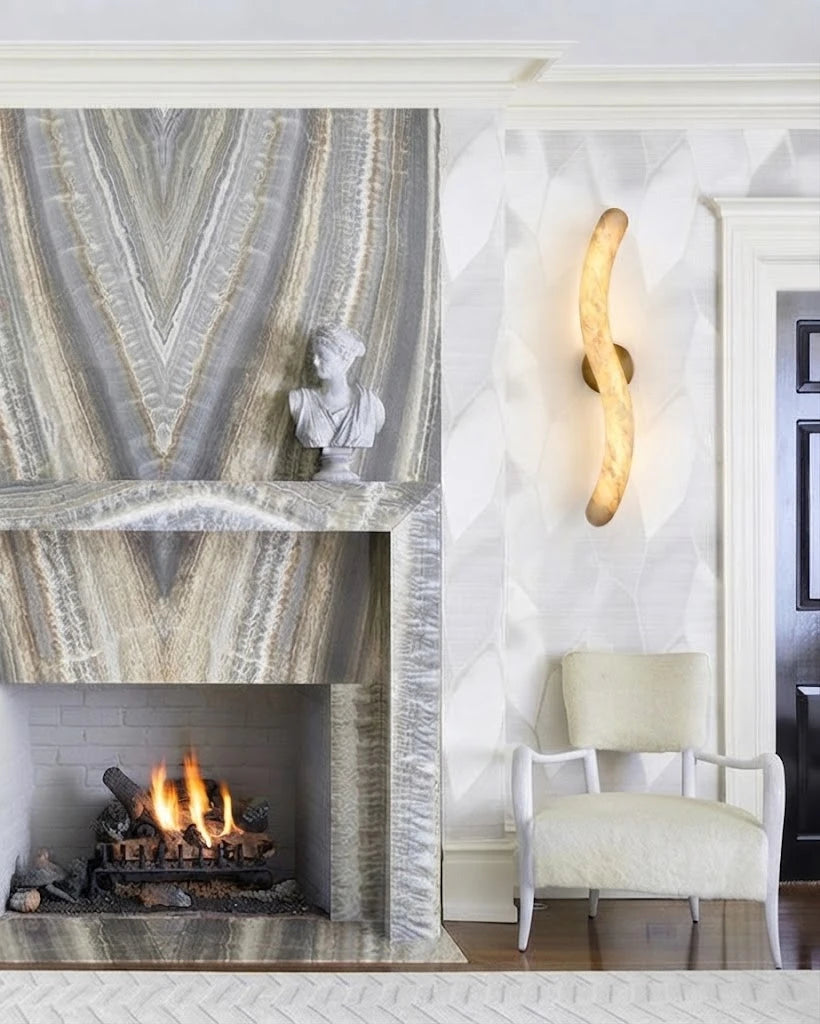 Modern S-Curved Alabaster Wall Sconce Near Fireplace Mantel