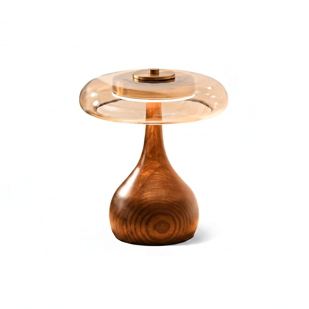 Modern Amber Glass and Wood Mushroom Accent Table Lamp on Pure White Background