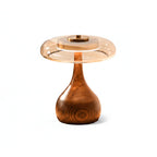 Modern Amber Glass and Wood Mushroom Accent Table Lamp on Pure White Background