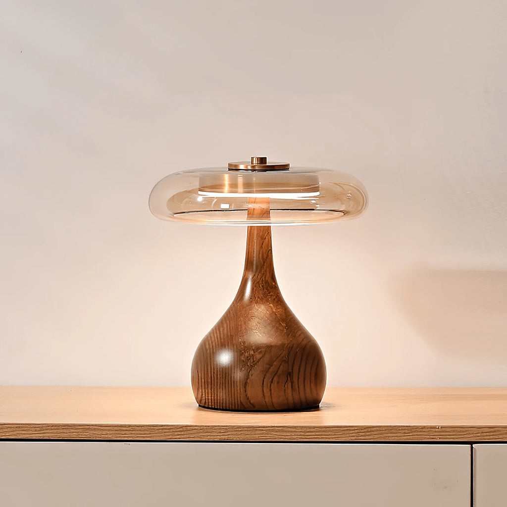 Illuminated Wooden Mushroom Table Lamp on Dresser